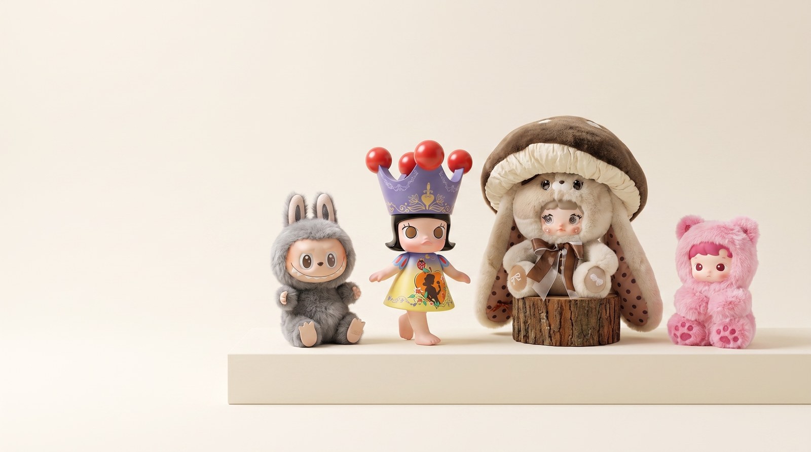 Four collectible figures and plush toys on an ivory plinth